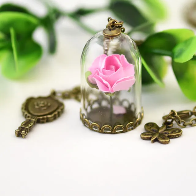 Beauty and the Beast Necklace Rose in Terrarium Pendant His Beauty/Her Beast Valentines Day,Fairy Tale Movie Victorian Jewelry