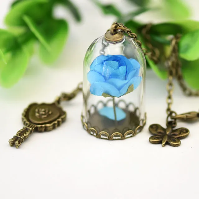 Beauty and the Beast Necklace Rose in Terrarium Pendant His Beauty/Her Beast Valentines Day,Fairy Tale Movie Victorian Jewelry