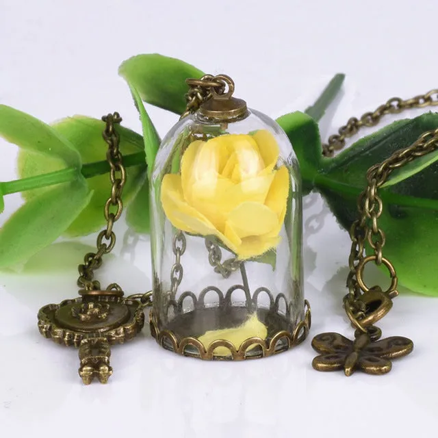 Beauty and the Beast Necklace Rose in Terrarium Pendant His Beauty/Her Beast Valentines Day,Fairy Tale Movie Victorian Jewelry