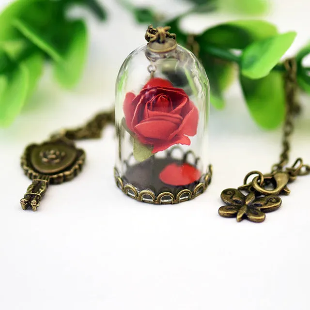 Beauty and the Beast Necklace Rose in Terrarium Pendant His Beauty/Her Beast Valentines Day,Fairy Tale Movie Victorian Jewelry