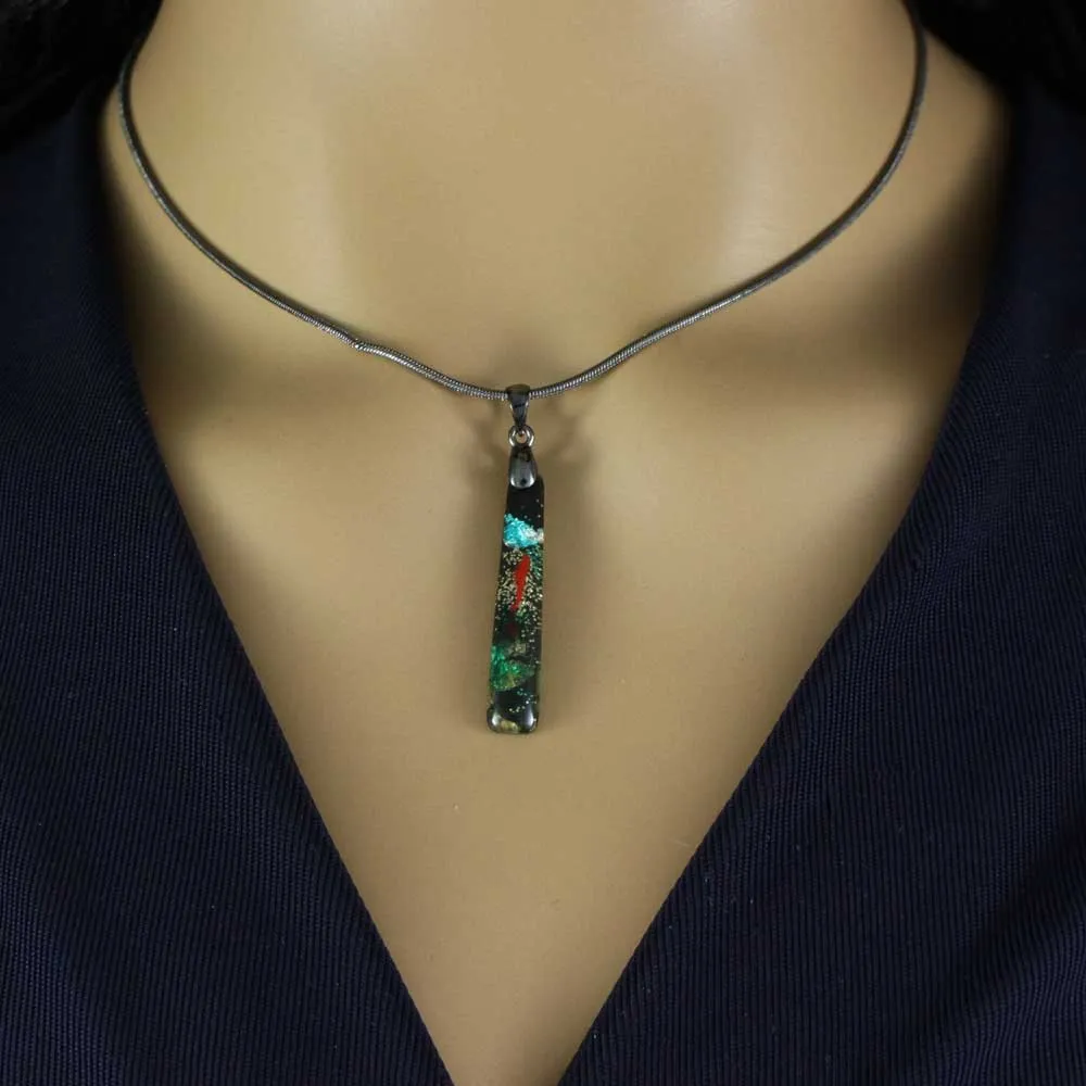 Black Glittering Multi Color Bar Pendant on Gray Chain - PT907