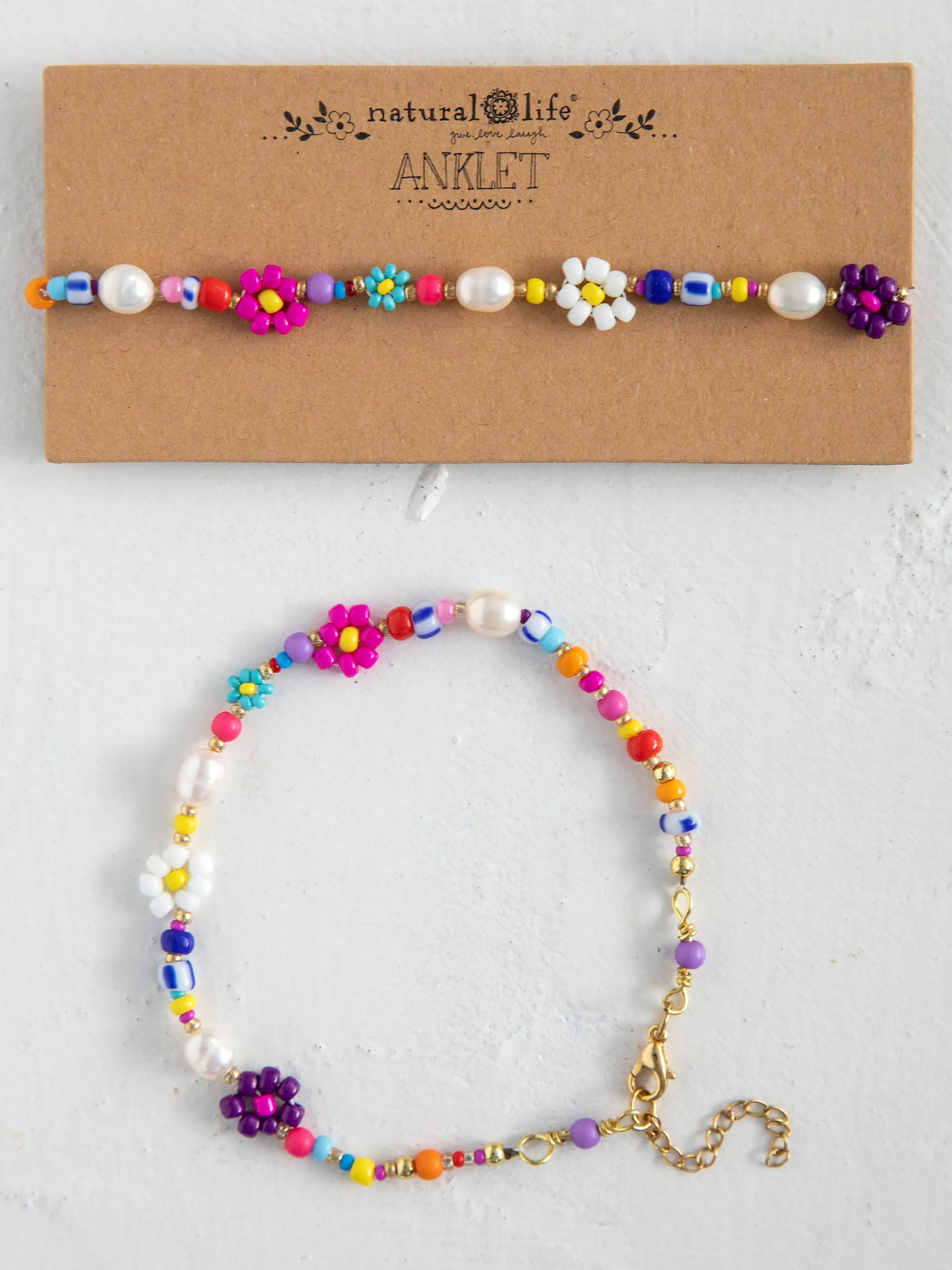 Boho Beaded Daisy & Pearl Anklet