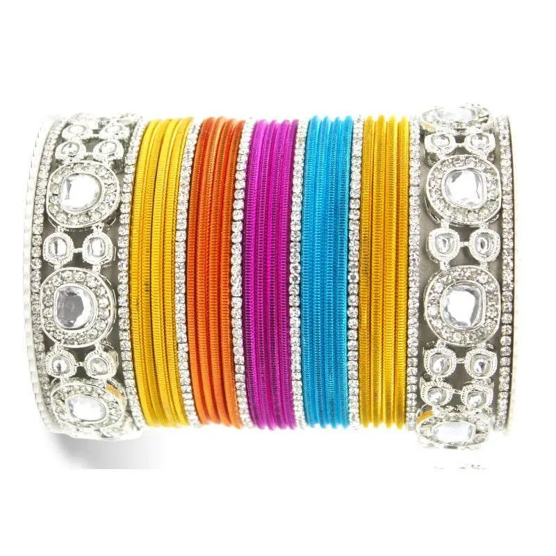 Bollywood Multicolor Silver Kundan Bangle Set