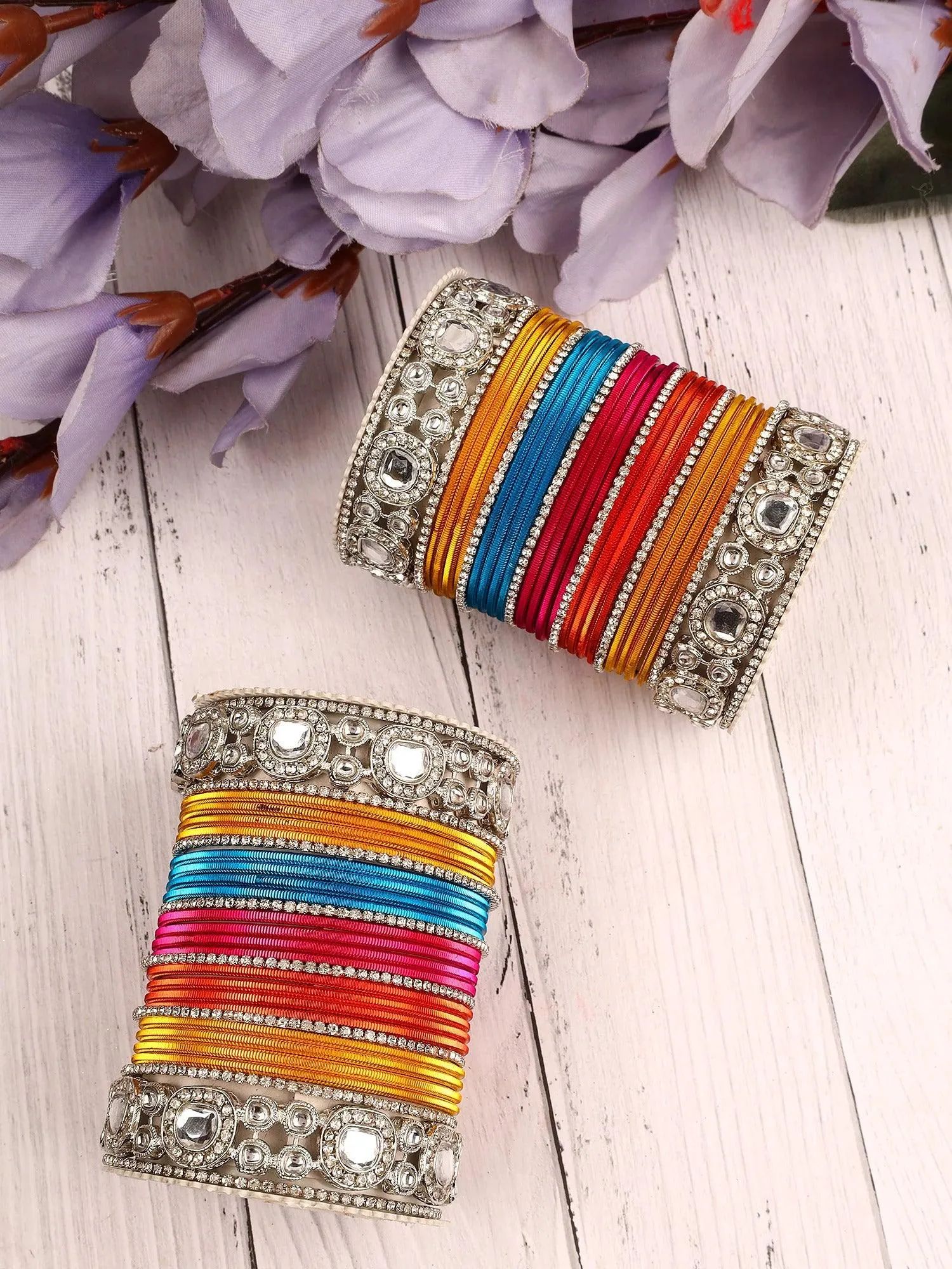 Bollywood Multicolor Silver Kundan Bangle Set