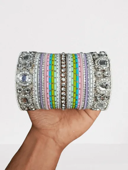 Bollywood Multicolor Silver Kundan Bangle Set