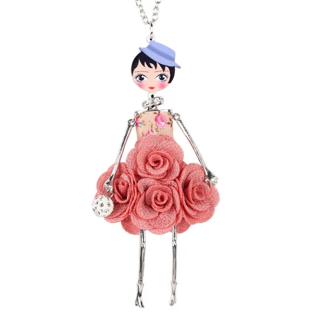 Bonsny Statement Flower Doll Necklace Dress Handmade French Doll Pendant 2016 News Alloy Girl Women Flower Fashion Jewelry