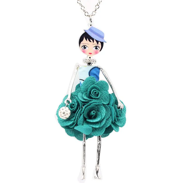 Bonsny Statement Flower Doll Necklace Dress Handmade French Doll Pendant 2016 News Alloy Girl Women Flower Fashion Jewelry