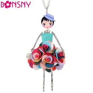 Bonsny Statement Flower Doll Necklace Dress Handmade French Doll Pendant 2016 News Alloy Girl Women Flower Fashion Jewelry