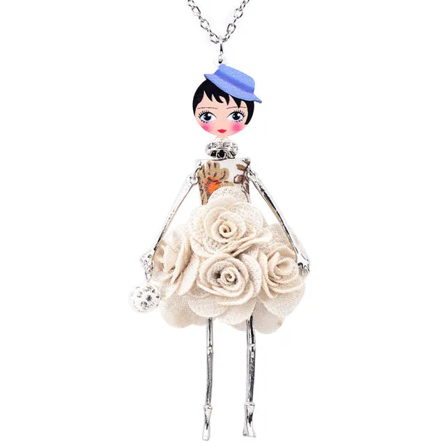 Bonsny Statement Flower Doll Necklace Dress Handmade French Doll Pendant 2016 News Alloy Girl Women Flower Fashion Jewelry