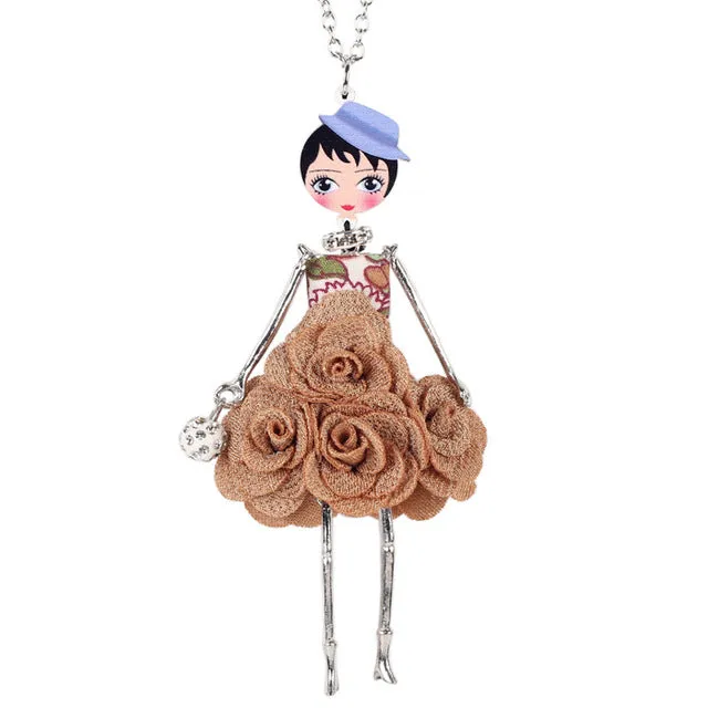 Bonsny Statement Flower Doll Necklace Dress Handmade French Doll Pendant 2016 News Alloy Girl Women Flower Fashion Jewelry