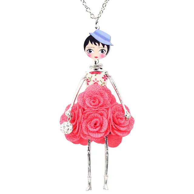 Bonsny Statement Flower Doll Necklace Dress Handmade French Doll Pendant 2016 News Alloy Girl Women Flower Fashion Jewelry