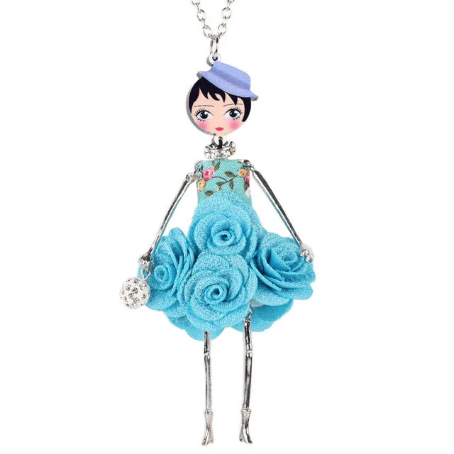 Bonsny Statement Flower Doll Necklace Dress Handmade French Doll Pendant 2016 News Alloy Girl Women Flower Fashion Jewelry