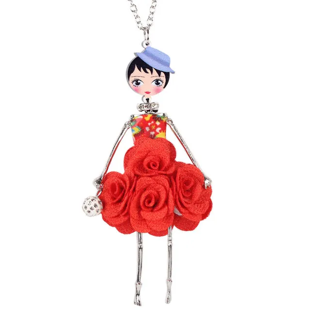 Bonsny Statement Flower Doll Necklace Dress Handmade French Doll Pendant 2016 News Alloy Girl Women Flower Fashion Jewelry