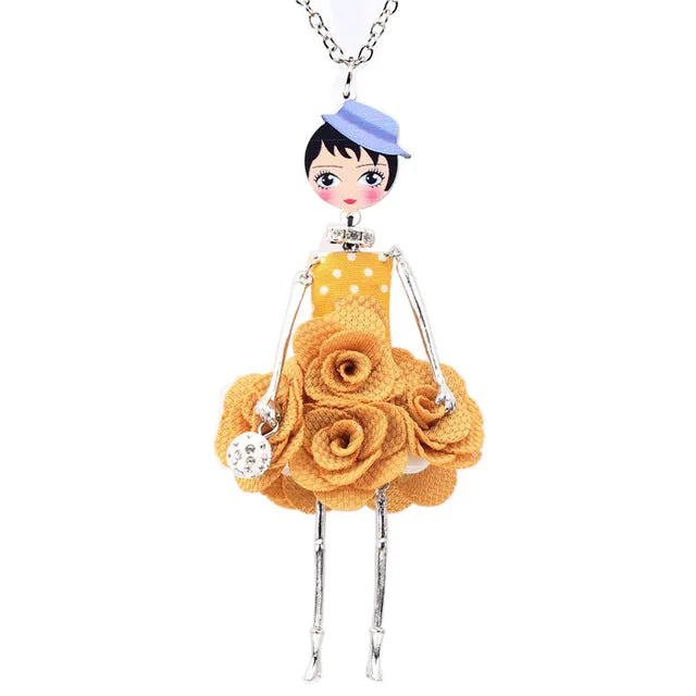 Bonsny Statement Flower Doll Necklace Dress Handmade French Doll Pendant 2016 News Alloy Girl Women Flower Fashion Jewelry