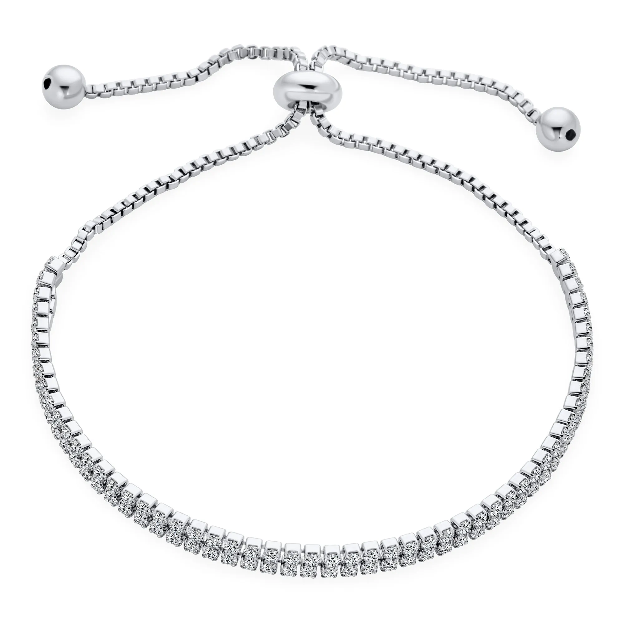 Bridal Double Row CZ Slide Bolo Style Tennis Bracelet Silver Plated Prom Jewelry