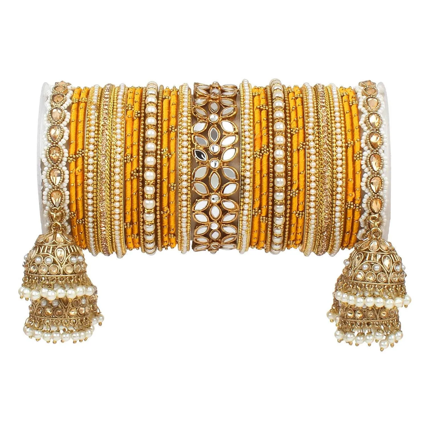 Bridal Thread Bangles Set with Golden Pearl Tassel Bangle Latkan and Mirror Kada