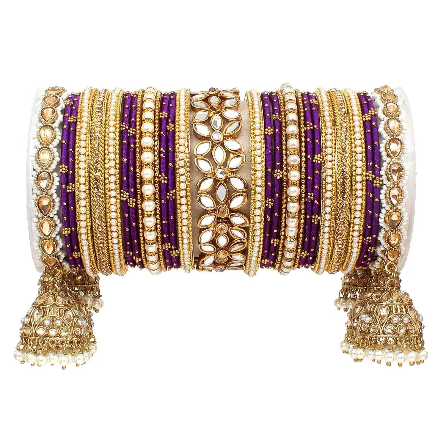 Bridal Thread Bangles Set with Golden Pearl Tassel Bangle Latkan and Mirror Kada