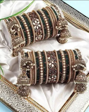 Bridal Thread Bangles Set with Golden Pearl Tassel Bangle Latkan and Mirror Kada