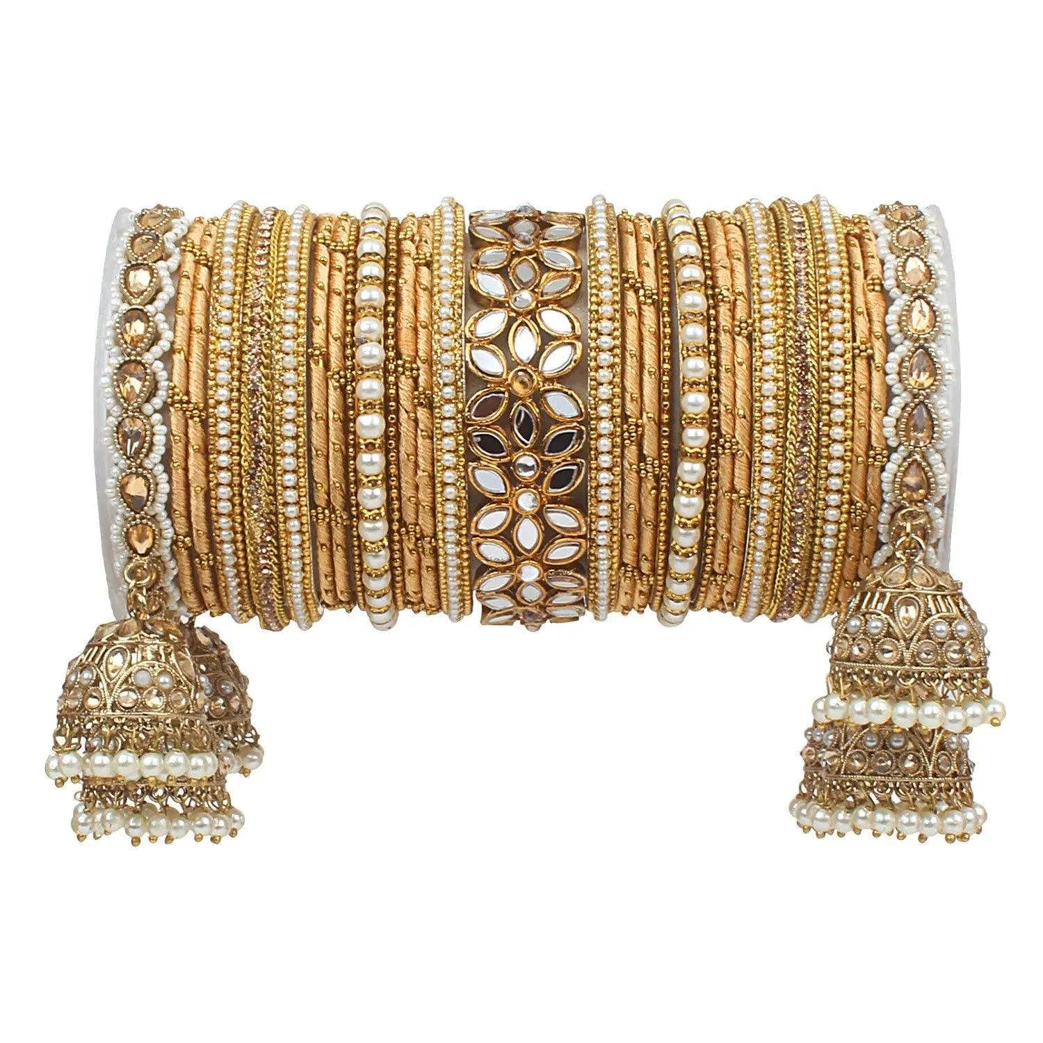 Bridal Thread Bangles Set with Golden Pearl Tassel Bangle Latkan and Mirror Kada