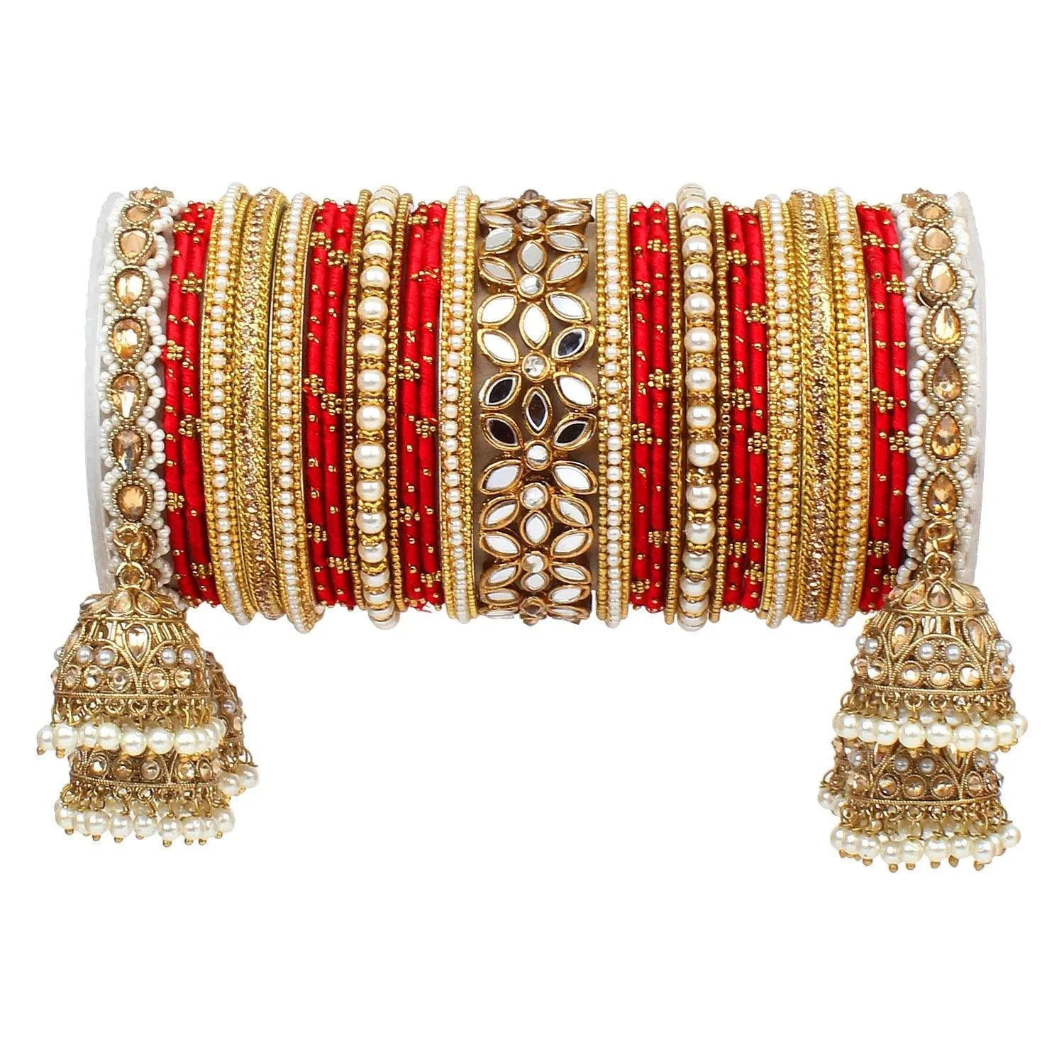 Bridal Thread Bangles Set with Golden Pearl Tassel Bangle Latkan and Mirror Kada