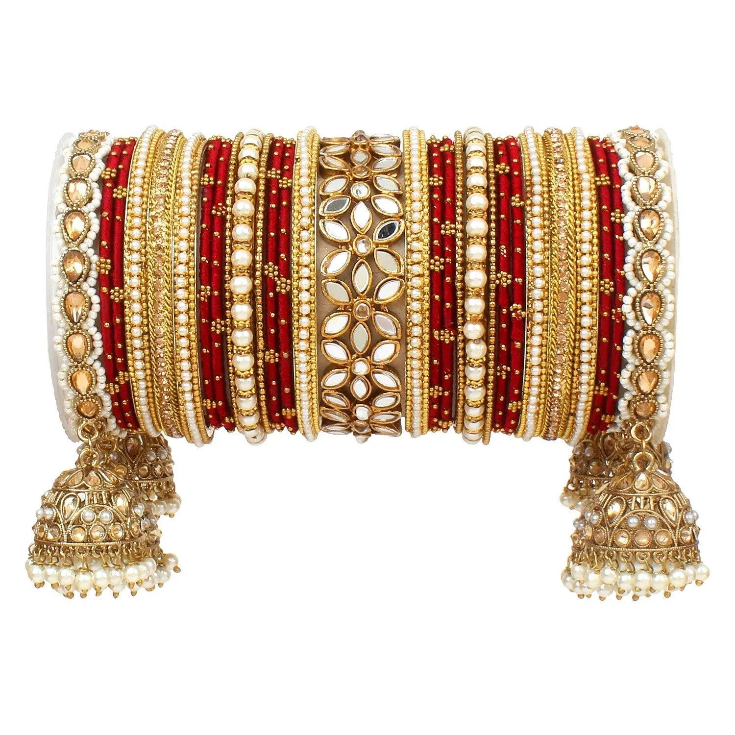 Bridal Thread Bangles Set with Golden Pearl Tassel Bangle Latkan and Mirror Kada