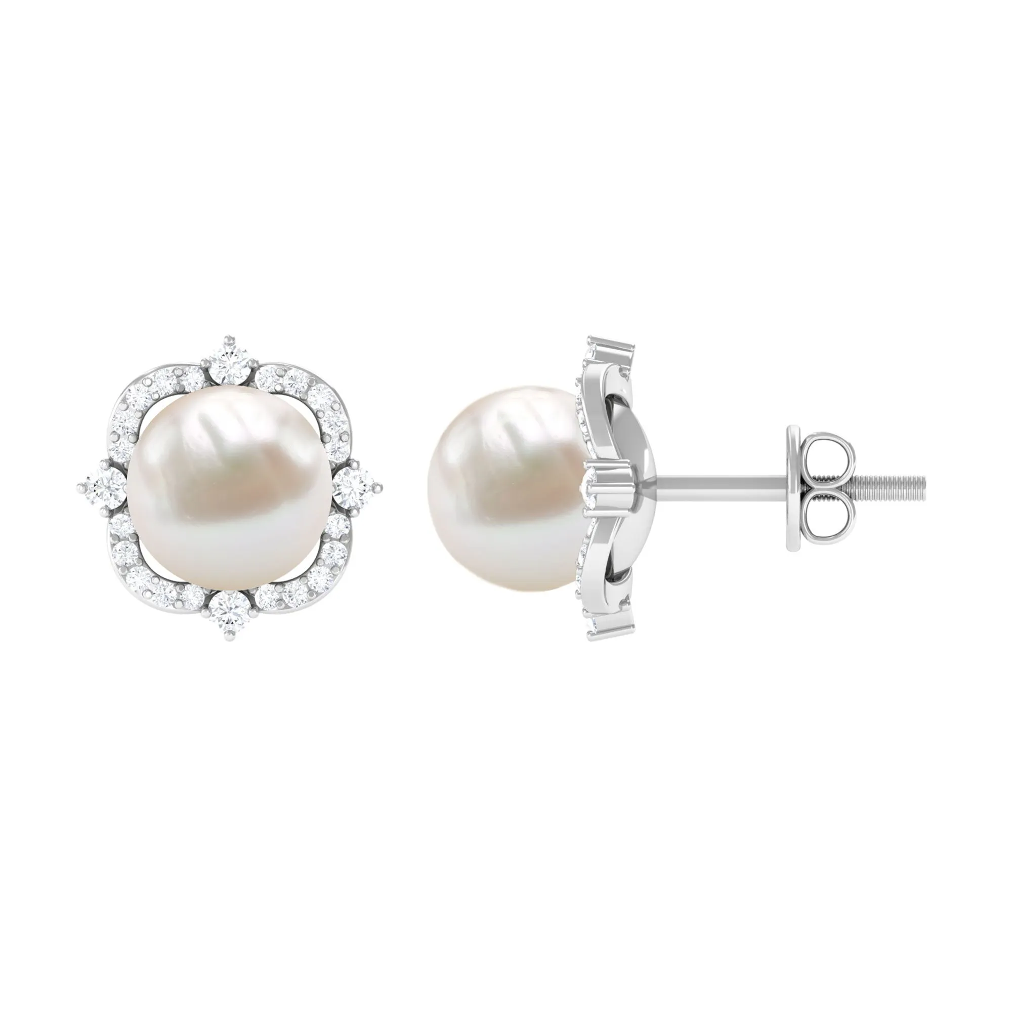 Classic Freshwater Pearl Stud Earrings with Diamond Halo