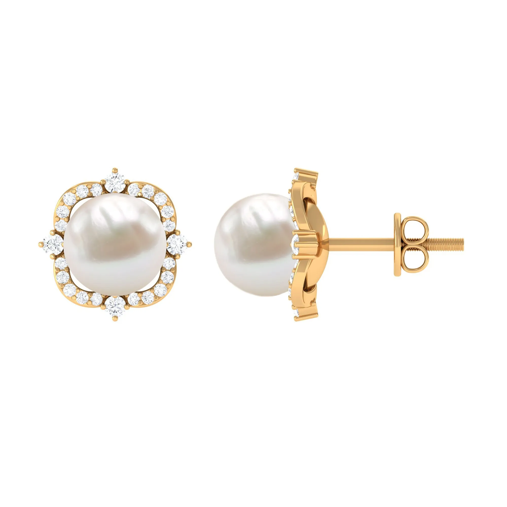 Classic Freshwater Pearl Stud Earrings with Diamond Halo