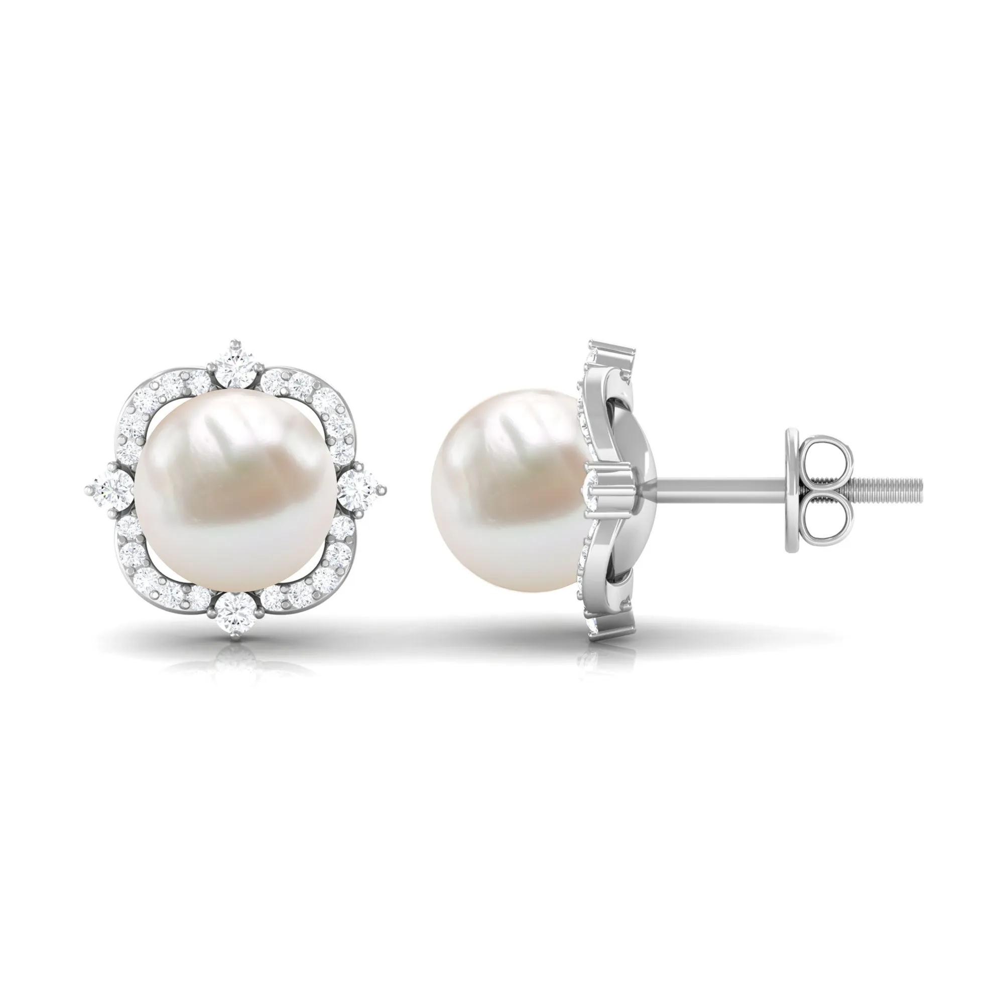 Classic Freshwater Pearl Stud Earrings with Diamond Halo