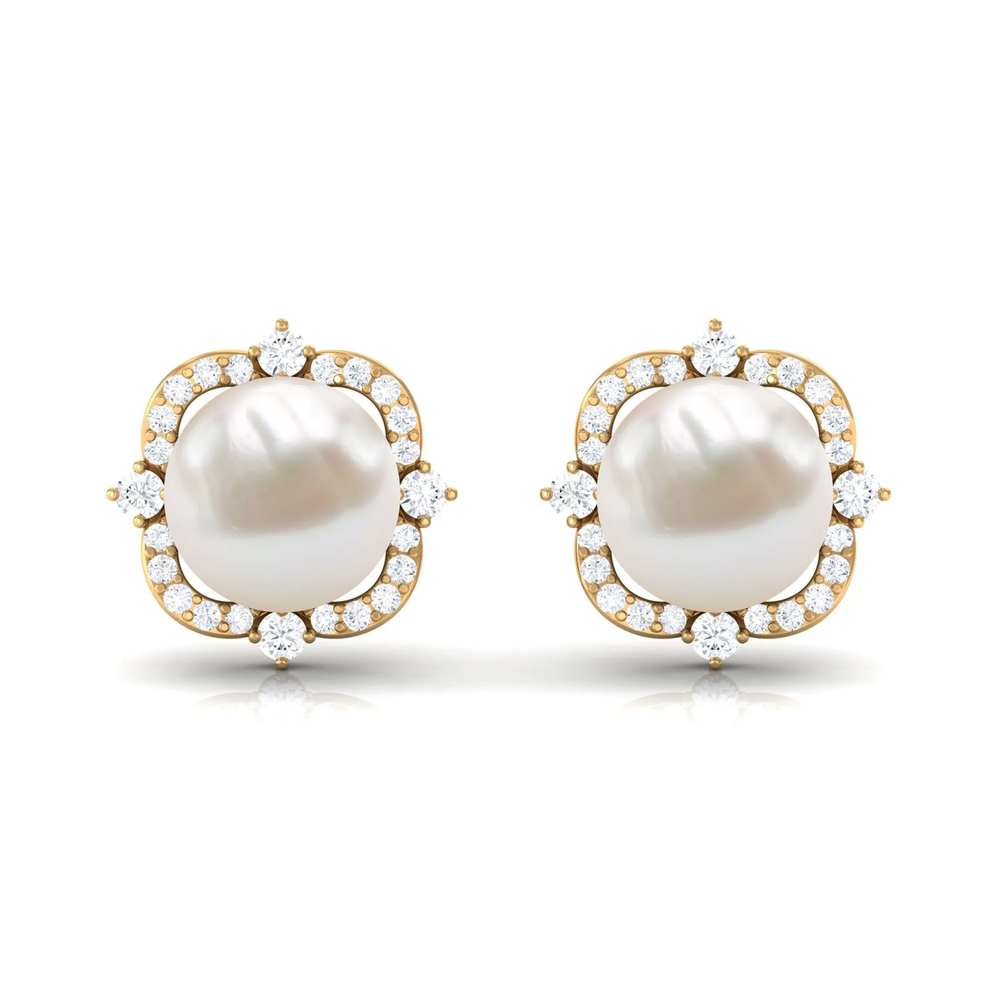 Classic Freshwater Pearl Stud Earrings with Diamond Halo