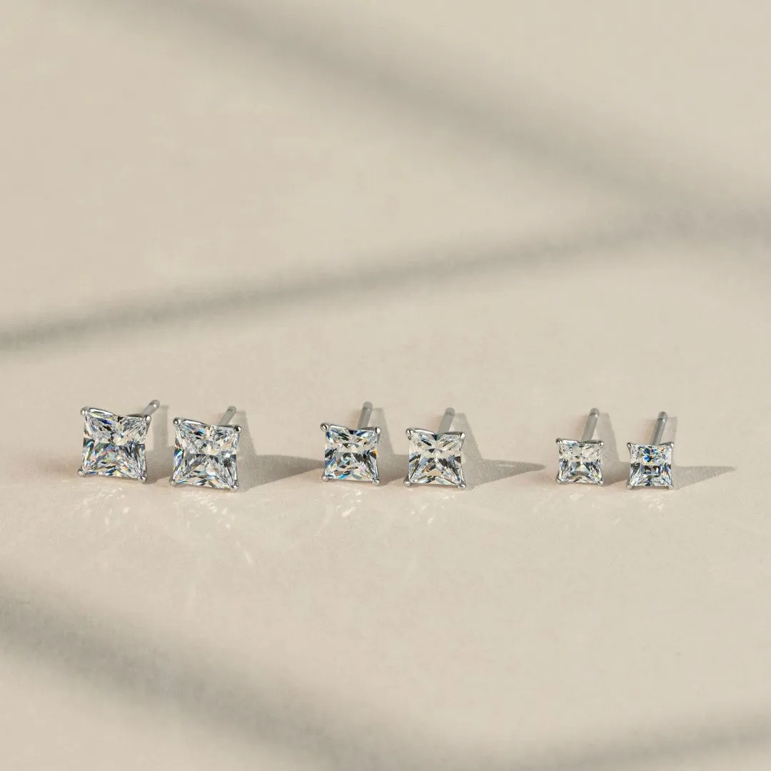 Classic Silver Rhodium Plated 6x6mm Princess Cut CZ Stud Earrings