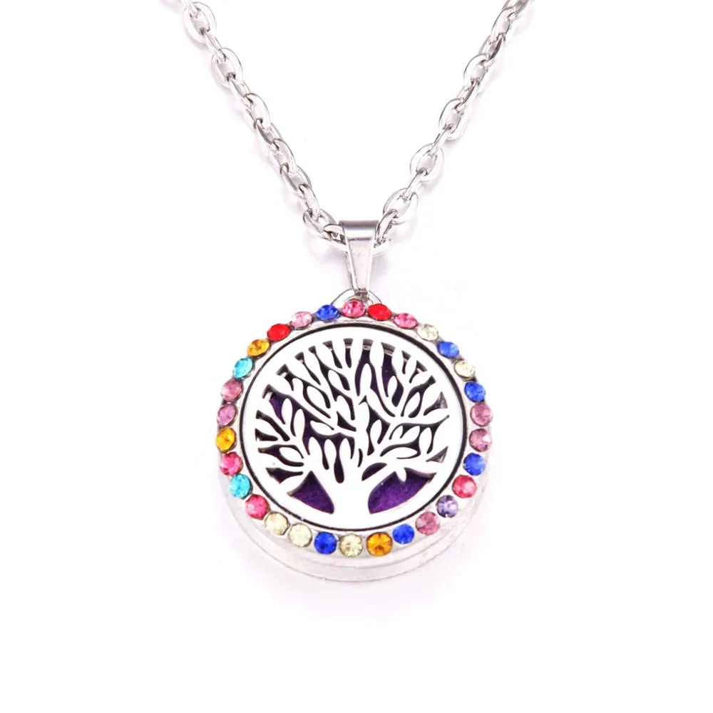 Colored zircon Tree of Life necklace Stainless Steel Aromatherapy Essential Oil Diffuser Perfume Locket Pendant Aroma Necklace