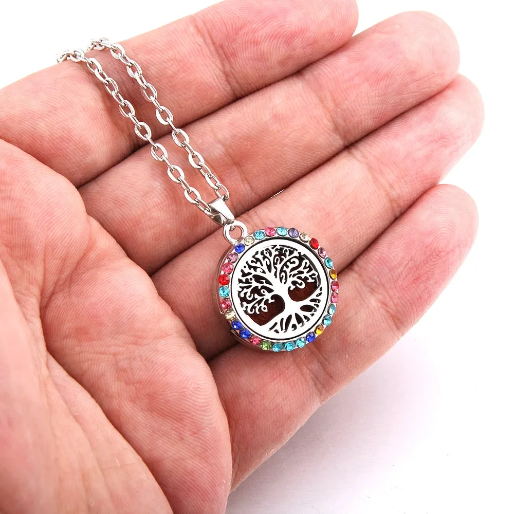 Colored zircon Tree of Life necklace Stainless Steel Aromatherapy Essential Oil Diffuser Perfume Locket Pendant Aroma Necklace