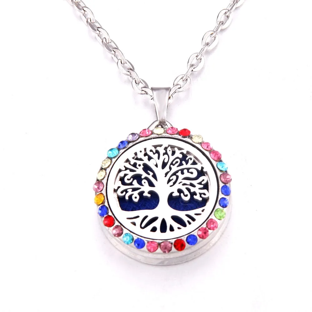 Colored zircon Tree of Life necklace Stainless Steel Aromatherapy Essential Oil Diffuser Perfume Locket Pendant Aroma Necklace