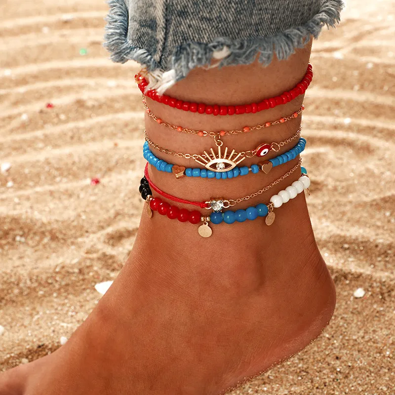 Colorful Beaded Fringe Eye Geometric Anklet