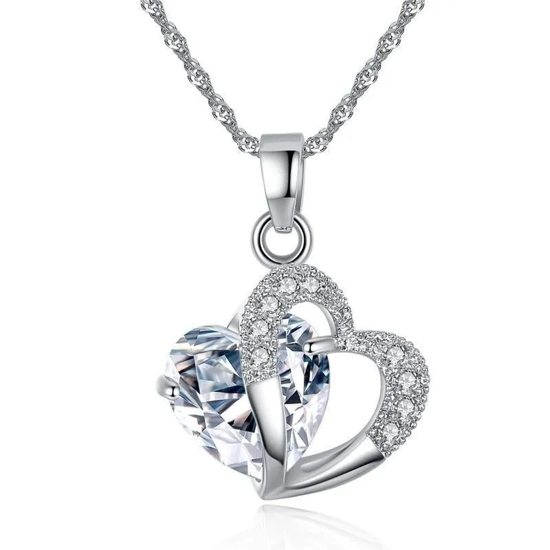 Crystal Cubic Zirconia Double Heart Pendant Necklace