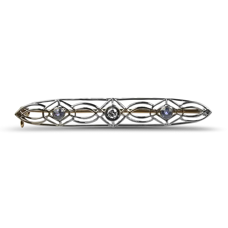 Estate Art Deco 14K Yellow & White Gold Sapphire & Diamond Brooch