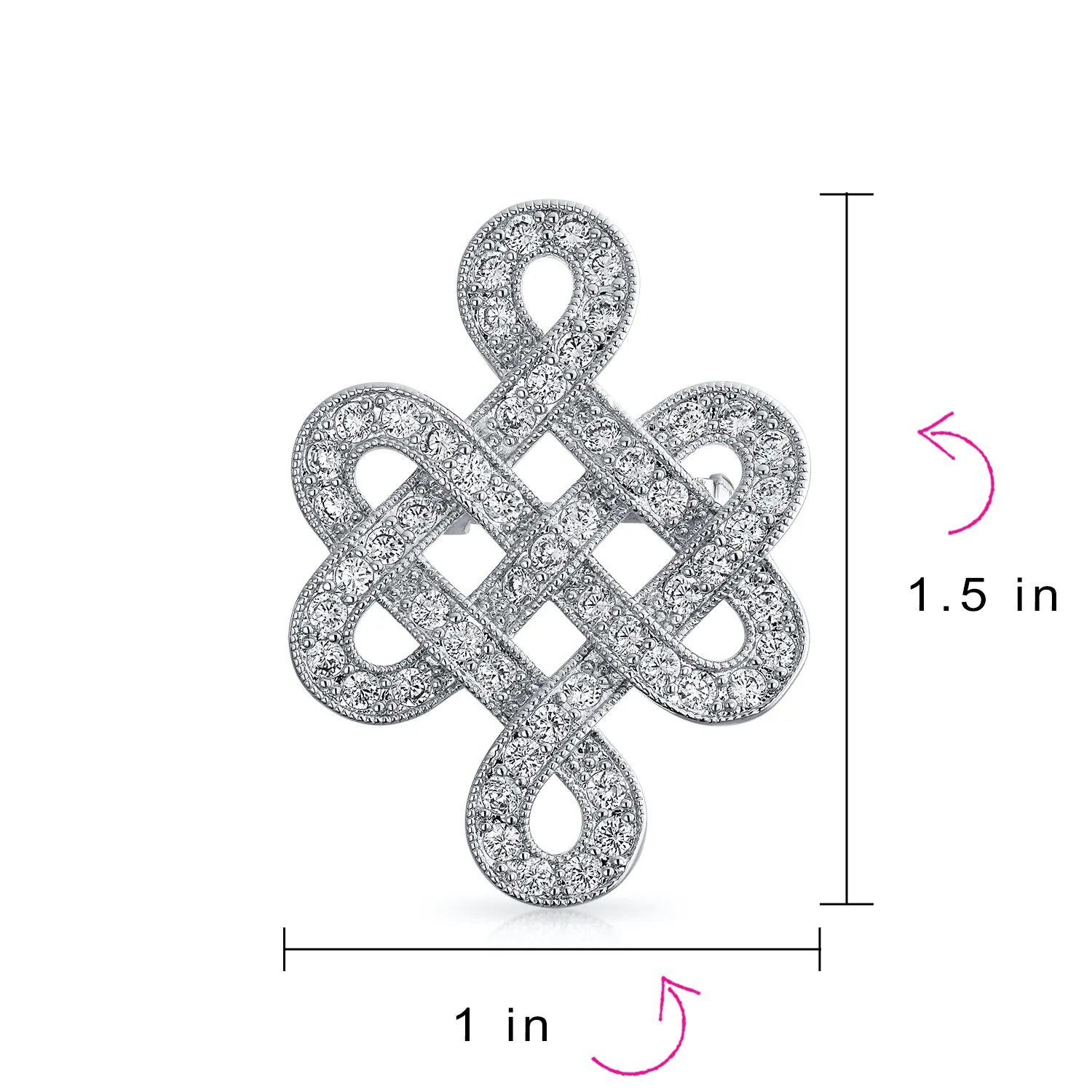 Eternal Celtic Love Knot Brooche Pin with Cubic Zirconia Rhodium Plated 1.2 Inch