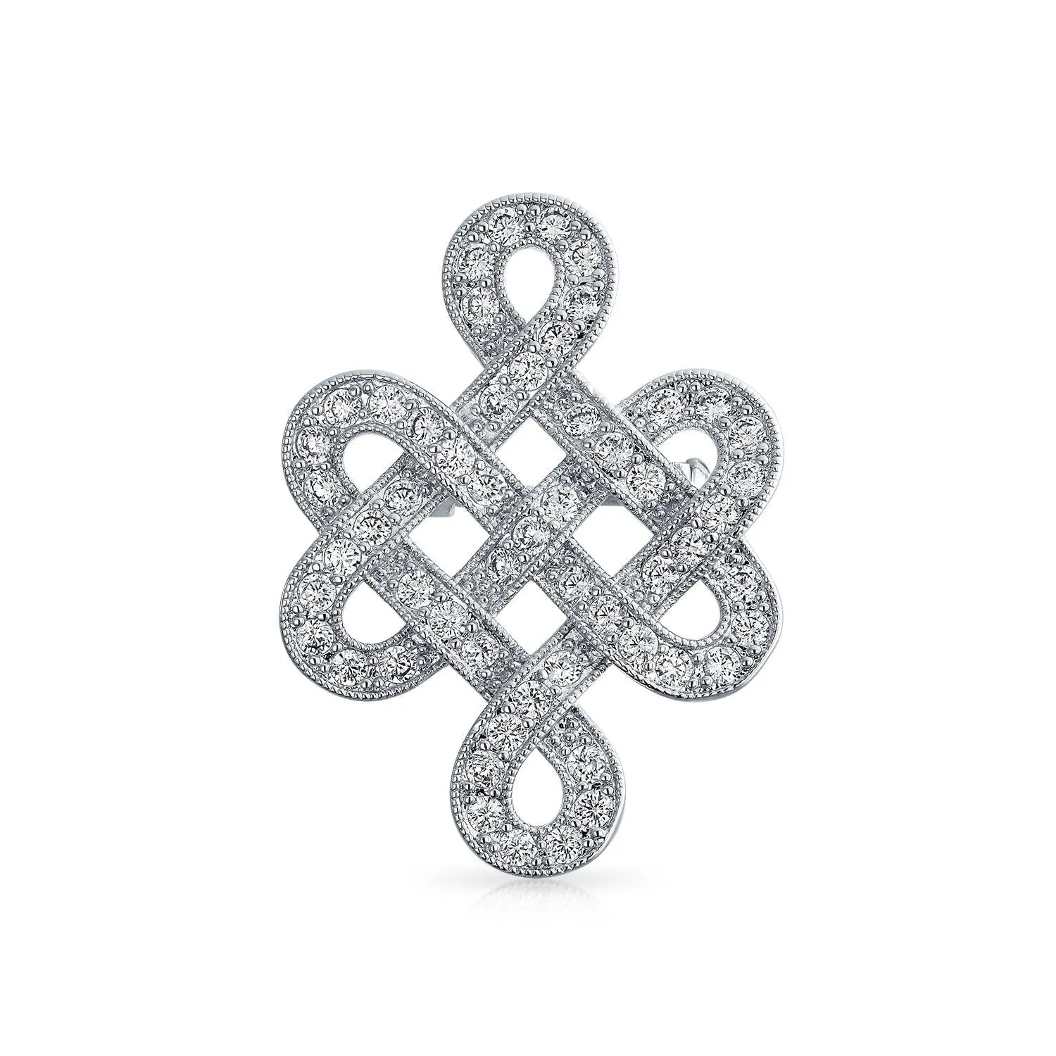 Eternal Celtic Love Knot Brooche Pin with Cubic Zirconia Rhodium Plated 1.2 Inch