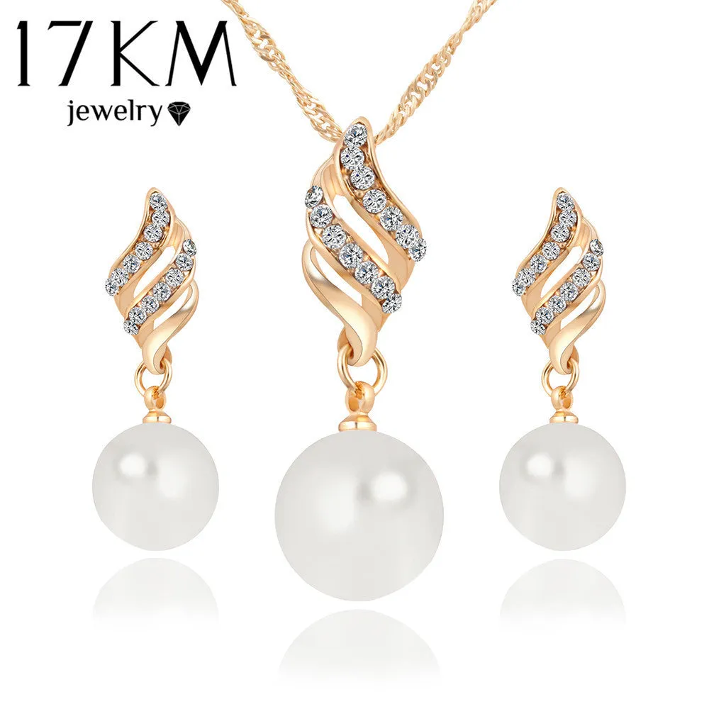 Fashion Necklace Earrings Crystal Gold Silver Plated Big Simulated Pearl Wedding Party Jewelry Sets For Women