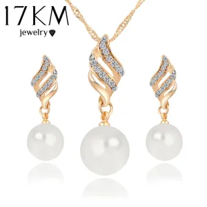 Fashion Necklace Earrings Crystal Gold Silver Plated Big Simulated Pearl Wedding Party Jewelry Sets For Women