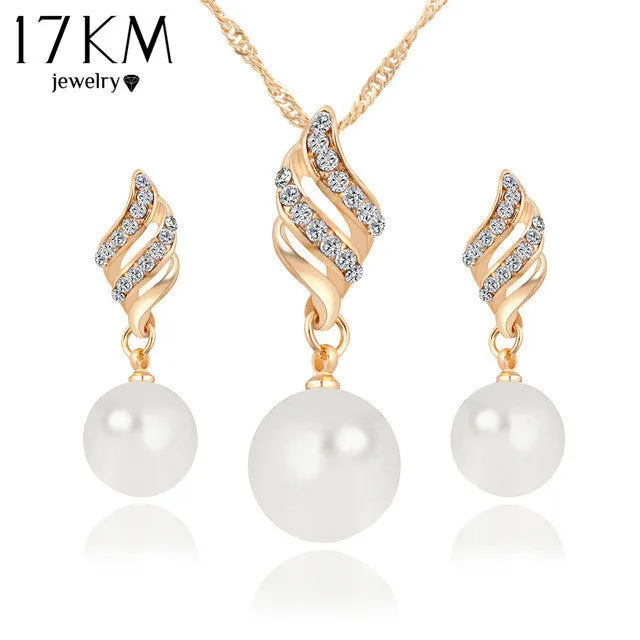 Fashion Necklace Earrings Crystal Gold Silver Plated Big Simulated Pearl Wedding Party Jewelry Sets For Women