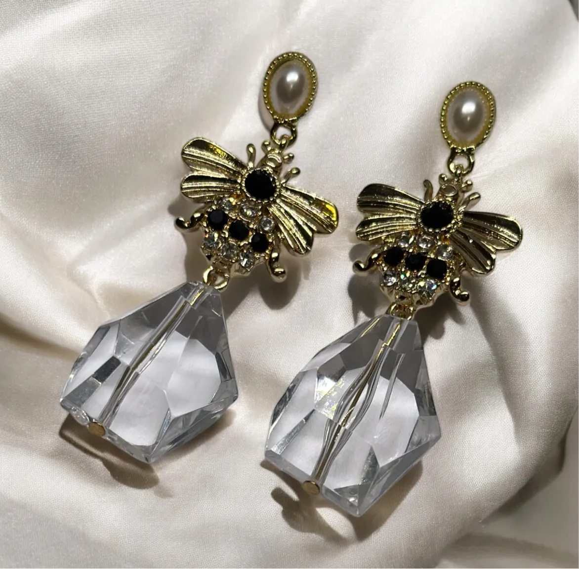 Fauna - Golden bee earrings | pearl studs rhinestone earrings | gold honey bee insect statement earrings | clear lucite beads