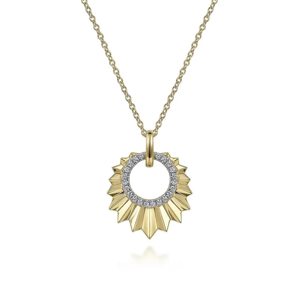 Gabriel & Co 14K Yellow Gold 17 5 inch Diamond Necklace With Diamond Cut Texture In Leaf Shape