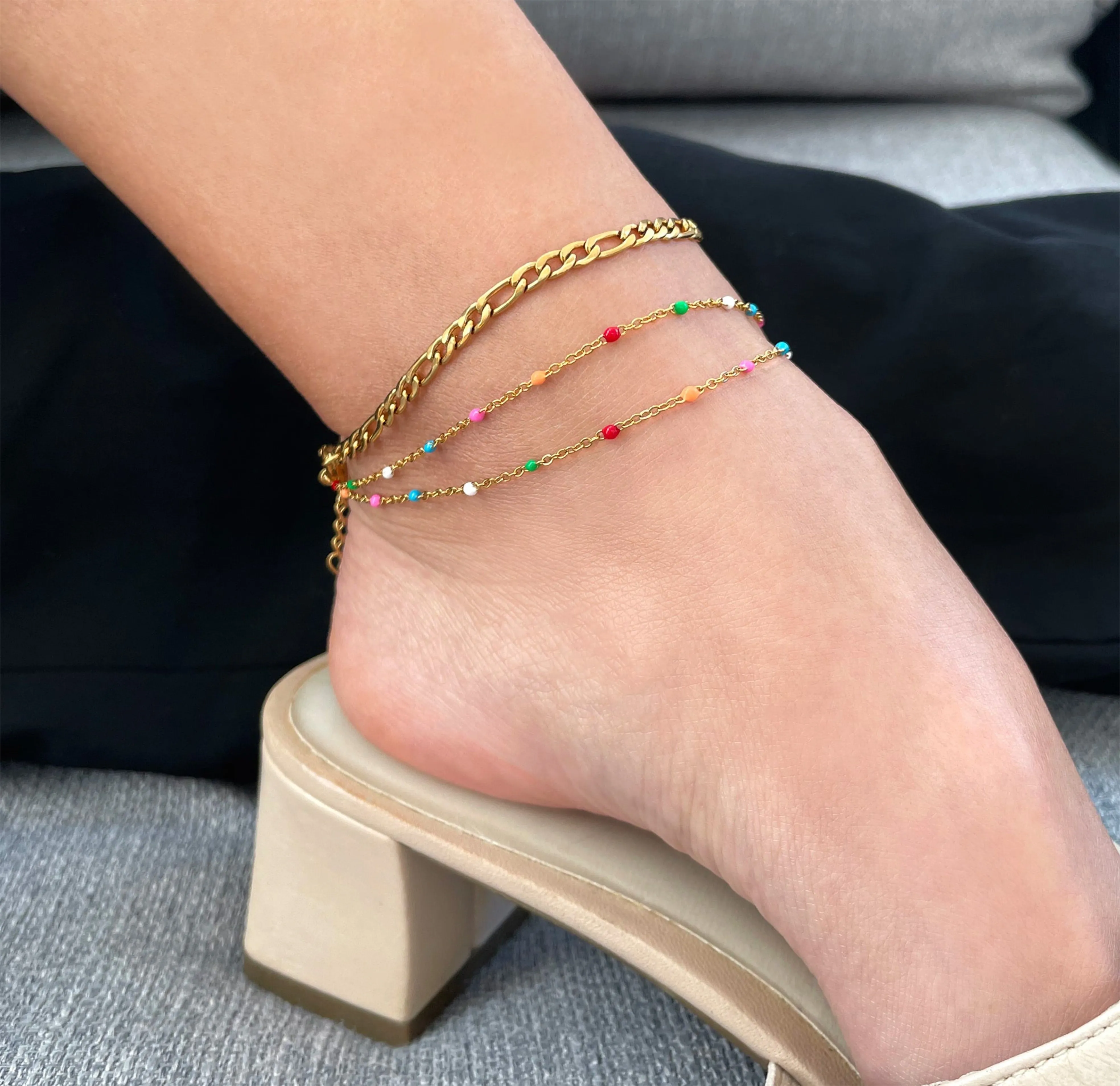 GIANNA GOLD DUO RAINBOW BEADED CHAIN ANKLET