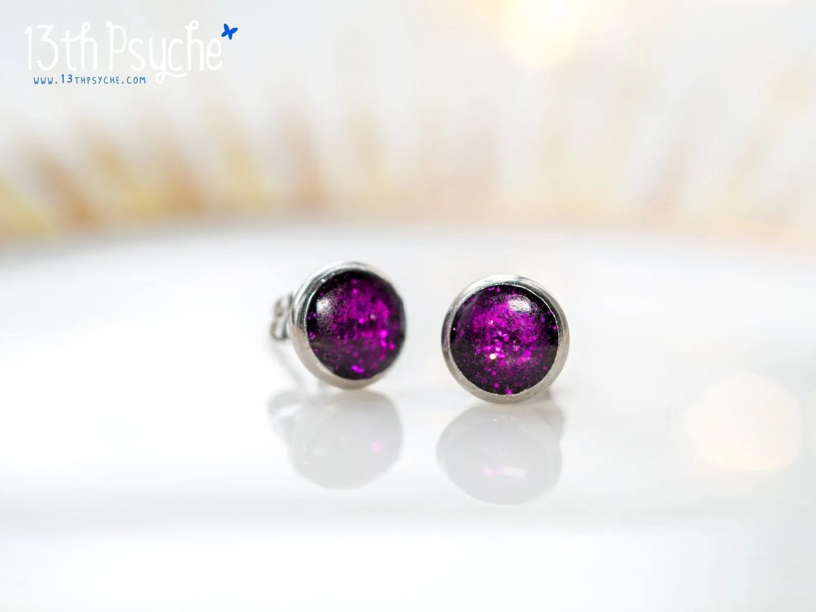 Glitter button stud earrings, Stainless steel