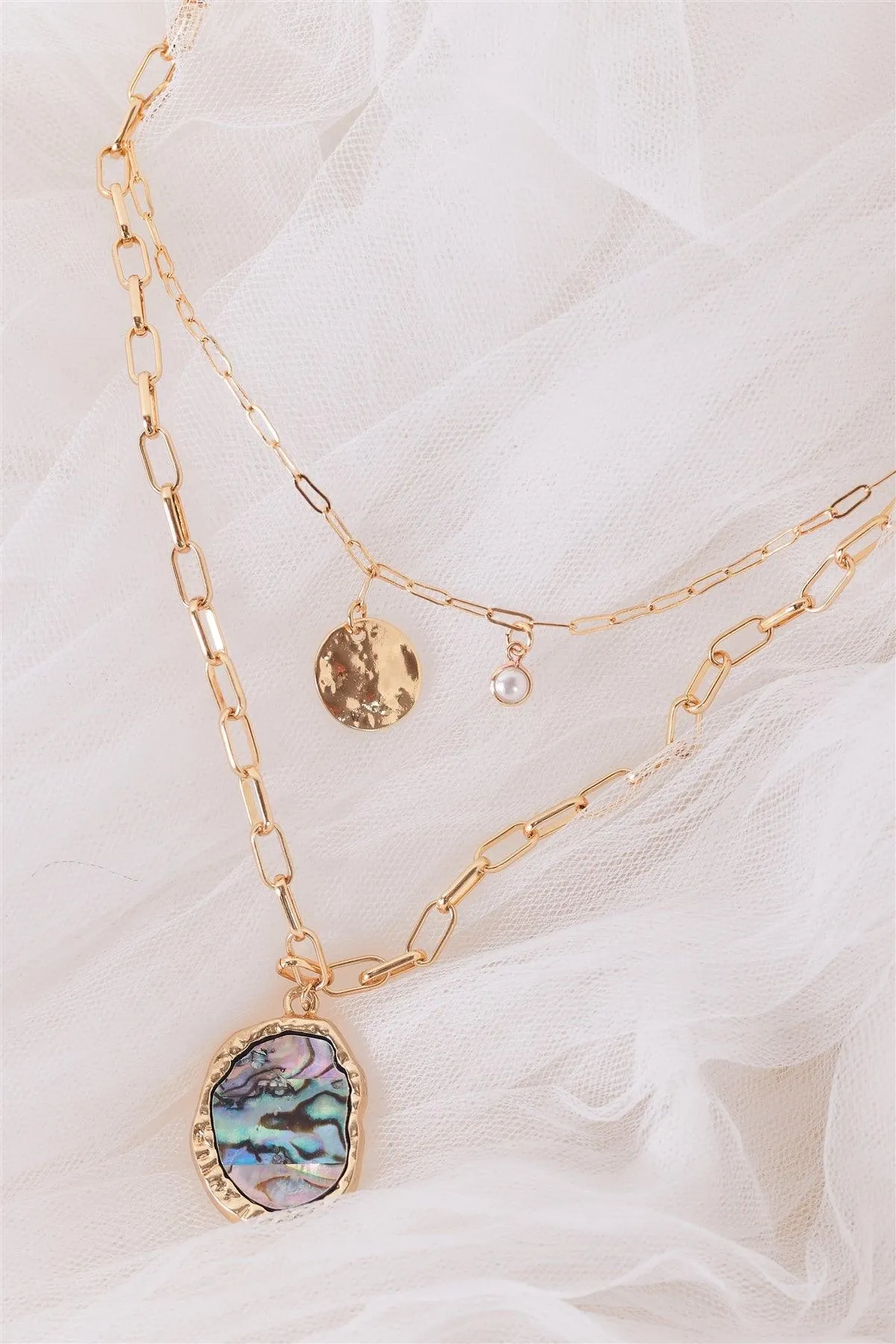 Gold Chain Abalone Asymmetrical Circle Tiny Pearl Pendants Necklace