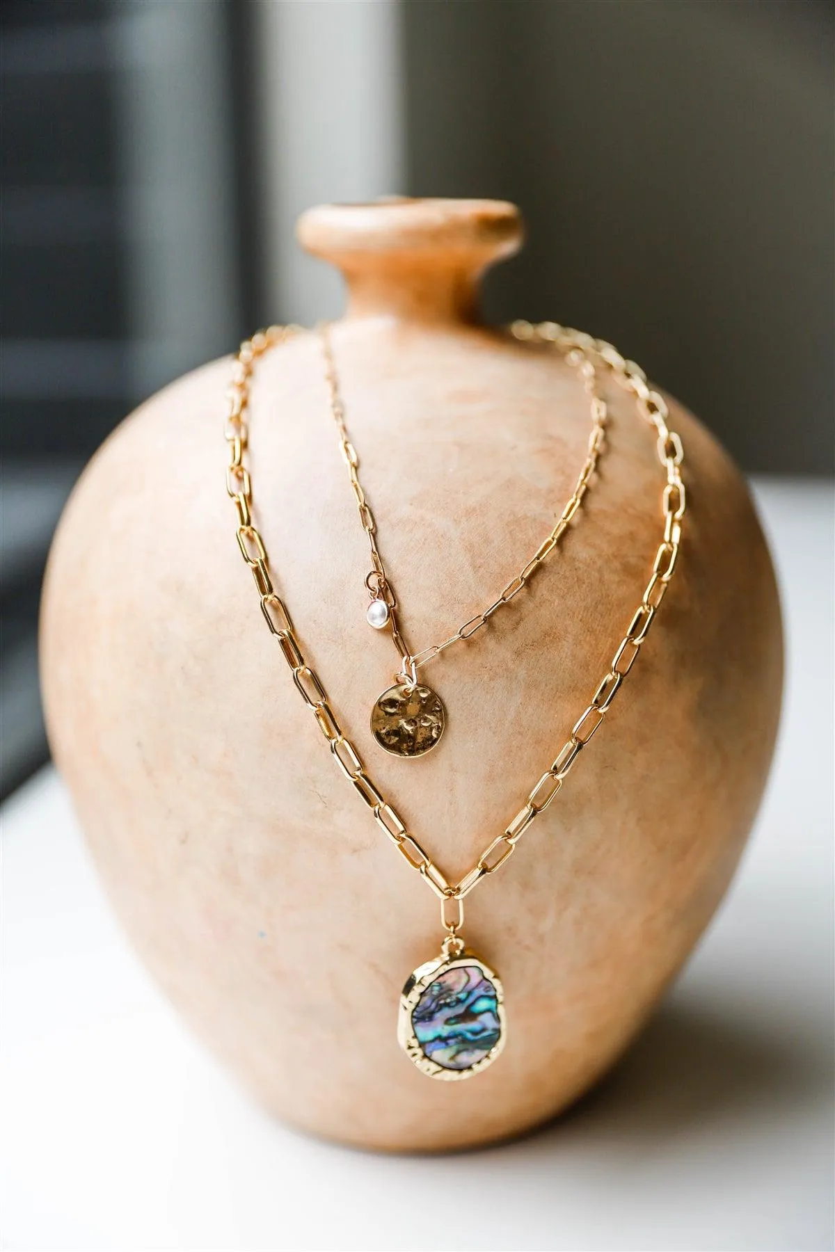 Gold Chain Abalone Asymmetrical Circle Tiny Pearl Pendants Necklace