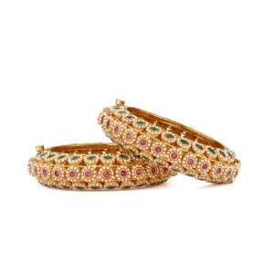 Gold Plated Red & Green Onyx Stone With Pearl Kada Bangles, Set of 2