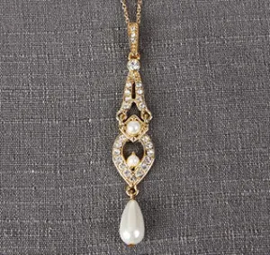 Gold Tiered Pendant Wedding Necklace with Dangling Pearls