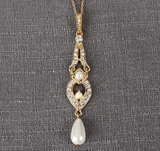 Gold Tiered Pendant Wedding Necklace with Dangling Pearls